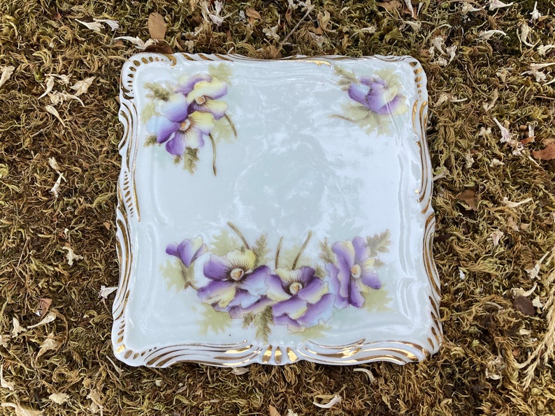 Vintage Dresden Germany Ceramic Trivet w/ Purple Flowers and Gold Trim image 5
