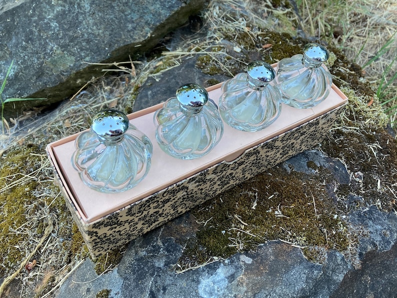 May include: Set of four clear glass salt shakers with silver tops in a patterned box. The shakers have a fluted design.