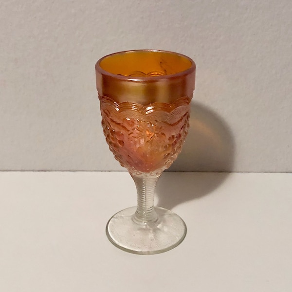 Vintage Stemmed Wine / Cordial / Liqueur Iridescent Marigold Carnival Glass with Grapevine Pattern