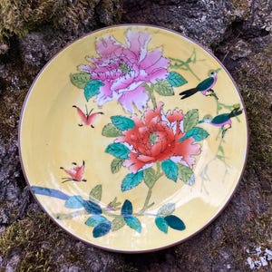 Vintage Chinese Hand-Painted Porcelain and Brass 9&quot; Decorative Bowl, Yellow w/ Birds, Butterflies, and Pink & Orange Flowers