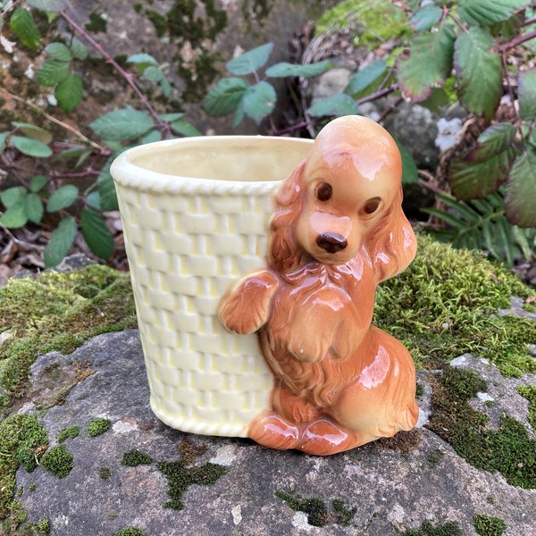 Vintage Royal Copley Brown Cocker Spaniel Dog Planter / Vase w/ Yellow Basket 5.25" tall