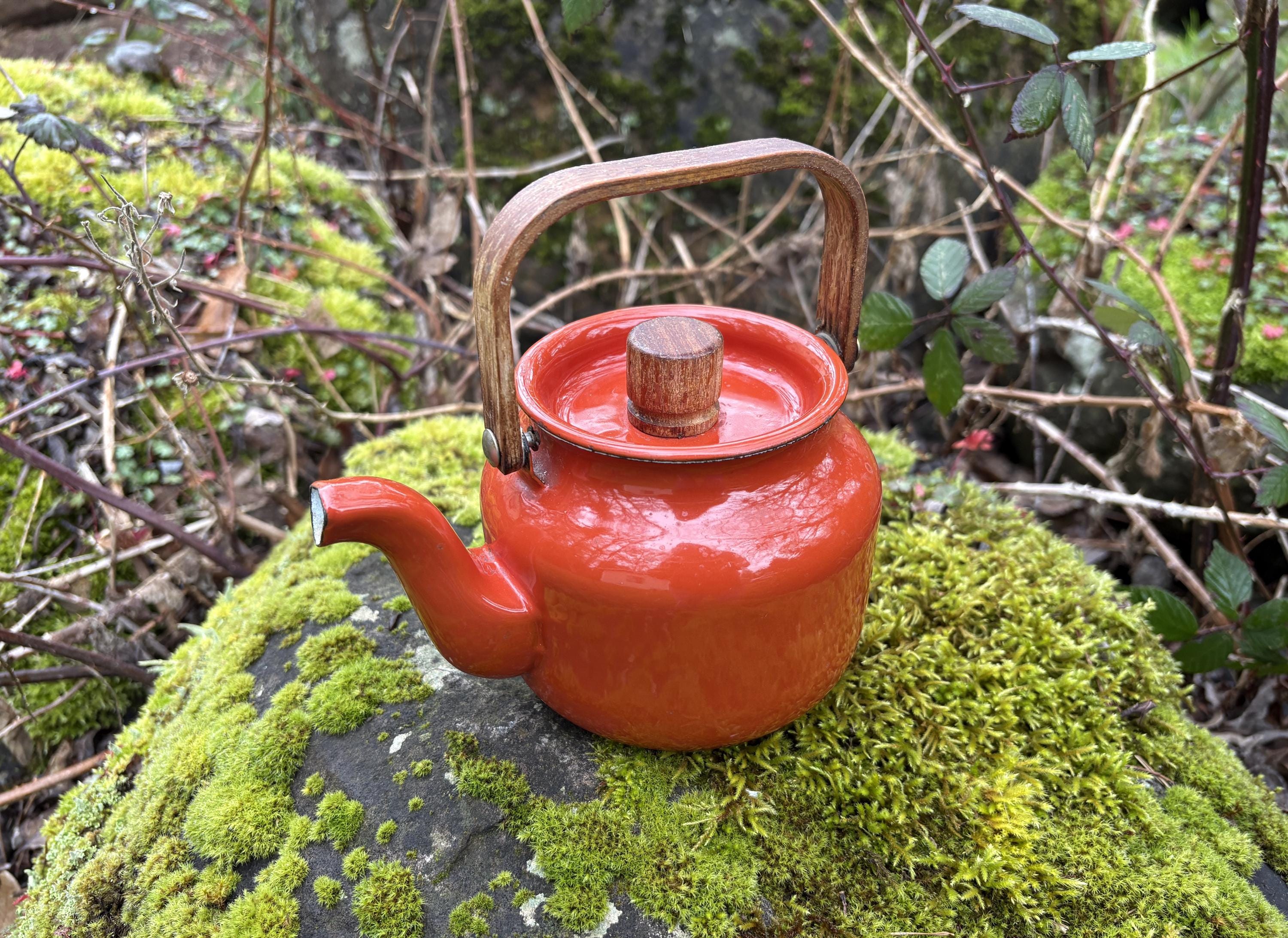 Théière scandinave en tôle émaillée marron et bois | Selency
