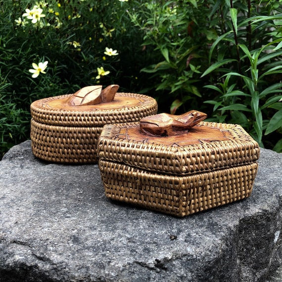 Vintage Oblong Wicker / Rattan Small Lidded Baskets W/ Hand-carved