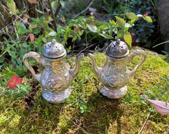 Vintage Ornate Silver Metal Teapot-Shaped Salt and Pepper Shakers (Made in Japan) Silverplate?