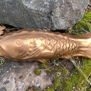 Vintage 11&quot; Kupfer Fischform mit MessingHaken, made in Korea, Zinn gefüttert (Bauernküche Dekor, Aspic Mold, Jello Mold, Backform)
