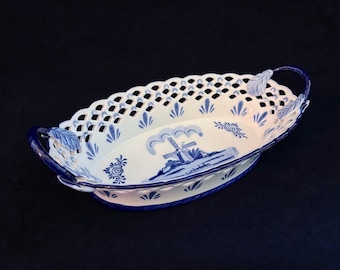 Vintage Delft Blue Hand Painted Porcelain Bowl with Windmill & Reticulated Edges, Made in Holland