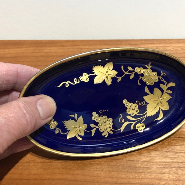 Vintage Limoges Porcelain Oblong 4.75" Cobalt Blue Miniature Tray/Plate/Trinket Dish with Gold Grapevine Design and Trim, Made in France