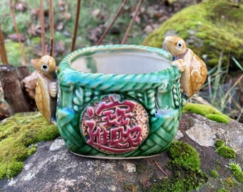 Vintage Fisherman's Fortune FF Pottery 4" Planter w/ Golden 3-D Turtles on Green "Basket" w/ Red Asian Character Symbol