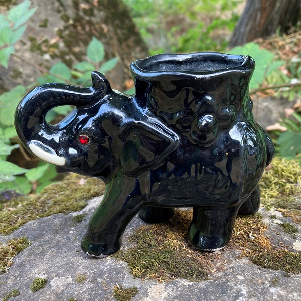 Vintage McCoy Pottery 5" Ceramic Black Elephant Planter / Vase w/ Red Sparkly Rhinestone Eyes, White Tusks, and Trunk Up