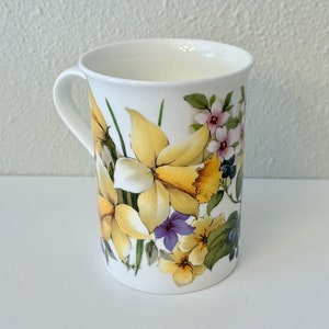 Vintage Kirsty Jayne China Coffee Mug Tea Mug with Daffodils, Blueberries, Pink Flowers, Made in Staffordshire England