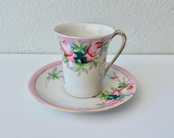 Vintage Meito China Hand Painted Demitasse Cups and Saucers with Pink Roses, Made in Japan, Three Available, Sold Separately