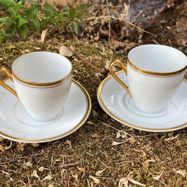 Set of 2 Vintage H&Co. Selb Bavaria Demitasse Teacups and Saucers w/ Gold Trim (Espresso Cups)