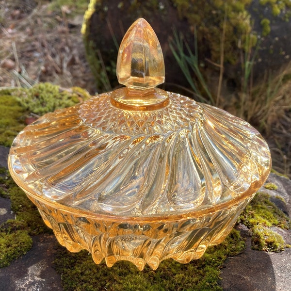 Vintage Yellow-Peach Depression Glass 6" Round Candy Dish & Lid w/ Swirl Pattern and Finial