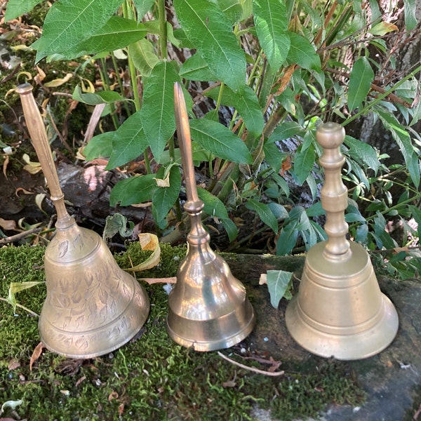 Vintage Brass Hand Bells (School Bell, Dinner Bell, Service Bell, Etched Brass, made in India) 3 available, sold separately