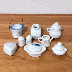 Vintage Dollhouse Miniatures 13 Piece Porcelain & Metal "Mini Kitchen" Set w/ Lavender Hearts (Teapot, Sugar, Cream, Pail, Shakers, etc.)