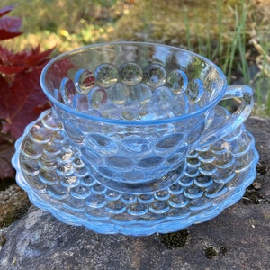 Vintage Anchor Hocking Light Blue Bubble Glass Teacup & Saucer (Depression Glass, Sapphire Blue)