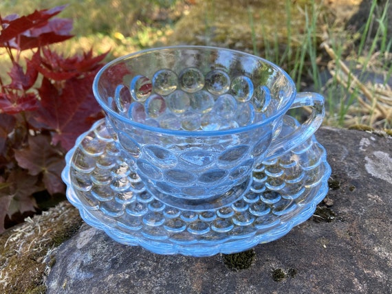 Tea Cup and Saucer, Vintage Anchor Hocking Blue Bubble Glass, Blue  Depression Glass, Collectible Glass, 1940s 
