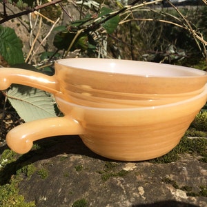 Vintage Mid Century Orange-Peach Luster-ware Milk Glass Soup Mugs (Anchor Hocking Fire-King Oven Ware) 6 available, sold individually