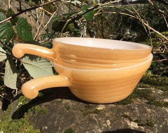 Vintage Mid Century Orange-Peach Luster-ware Milk Glass Soup Mugs (Anchor Hocking Fire-King Oven Ware) 6 available, sold individually