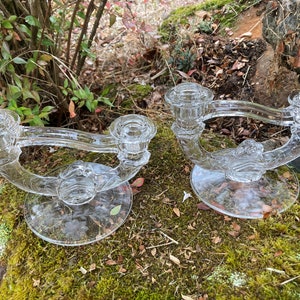 Pair of Vintage Indiana Etched Glass Double Light Candlestick Holders 607-4 w/ Leaf & Flower Pattern (for Taper Candles)