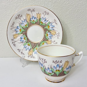 Vintage Roslyn Bone China Footed Teacup and Saucer with Pale Blue and Yellow Crocuses, Gold Trim, Made in England, #7899