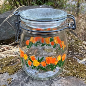 Vintage Carlton Glass Wire Bail Jar / Canister w / Oranje & Gele Tulp Bloem Patroon 3/4 Liter