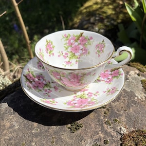 Vintage Royal Schnürsenkel Englisch Bone China "Peach Blossom" Teetasse & Untertasse mit rosa Blumen (Made in England) Bild 1