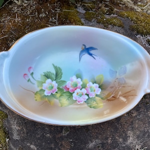 Vintage Noritake Morimura Hand-Painted 6&quot; Dish w/ Bluebird & Pink Flowers (Ring Dish, Relish Dish, Trinket Bowl, Soap Dish, Collectible)