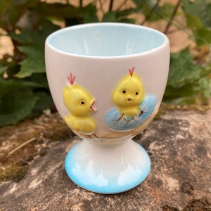 Vintage Blue Ceramic Egg Cup w/ 3-D Chicks / Baby Chickens (Made in Japan, Giftcraft?)