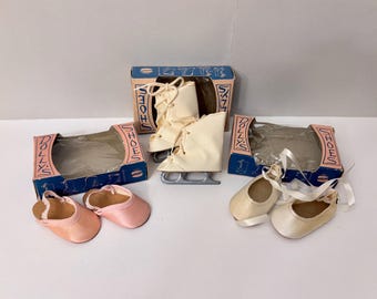 Your Choice!  Vintage Premier &quot;Dolly&#39;s Shoes&quot; in Orig. Boxes:  White Ballet Shoes, Ice Skates, Pink Slippers, Size 19/22, Made in New York