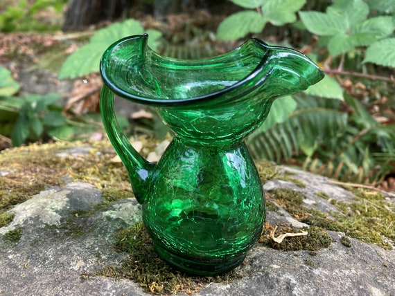 Vintage Hand-blown Green Crackle Glass 3.5 Mini Pitcher / Creamer / Small  Vase W/ Wide Rim 
