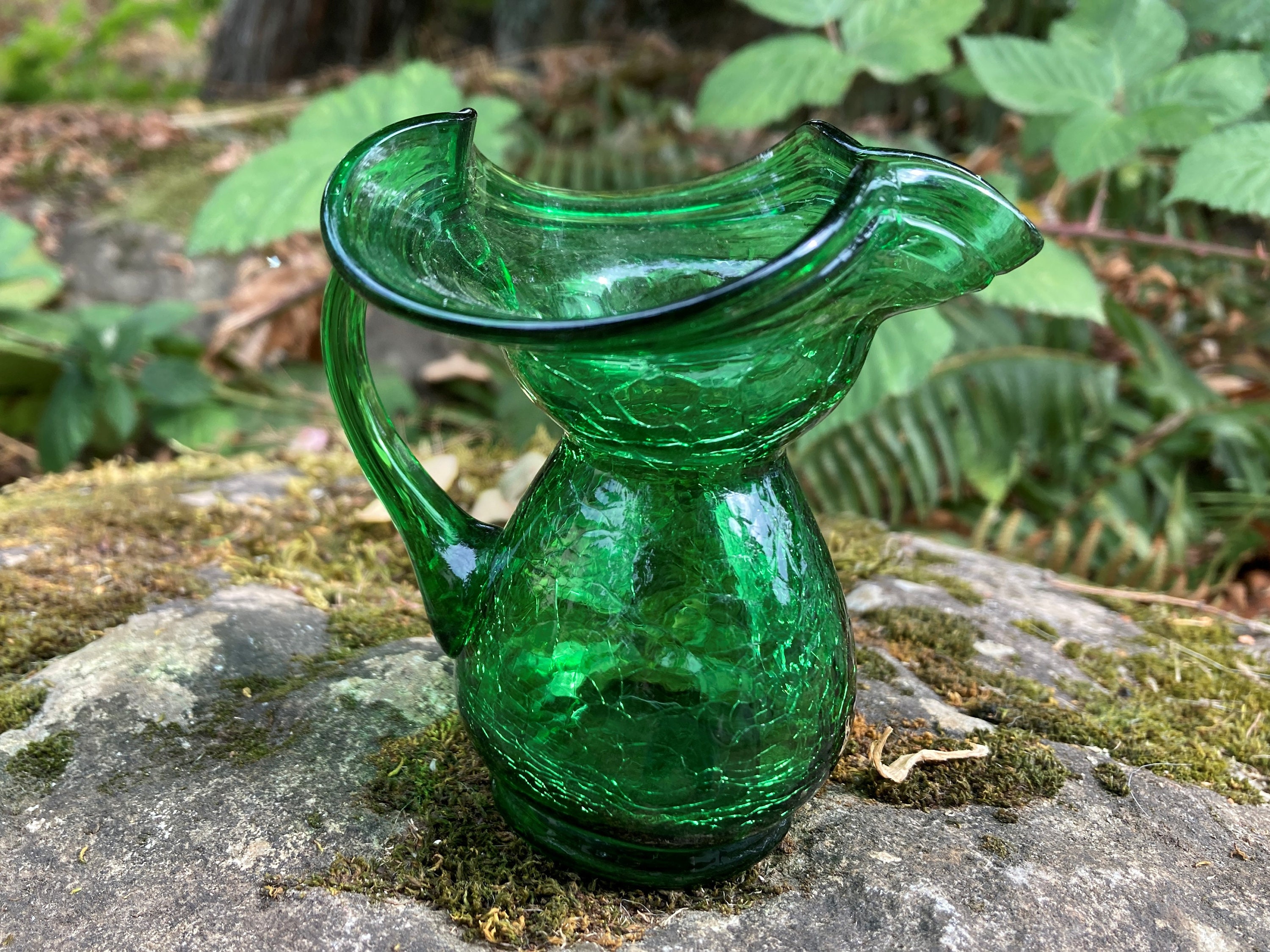 Vintage Green Glass Pitcher Small Spout Handle