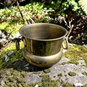 Pode incluir: Uma tigela de latão vintage com duas pequenas alças. A tigela tem uma base arredondada e está sobre uma rocha coberta de musgo. O fundo apresenta folhagem verde e luz solar.