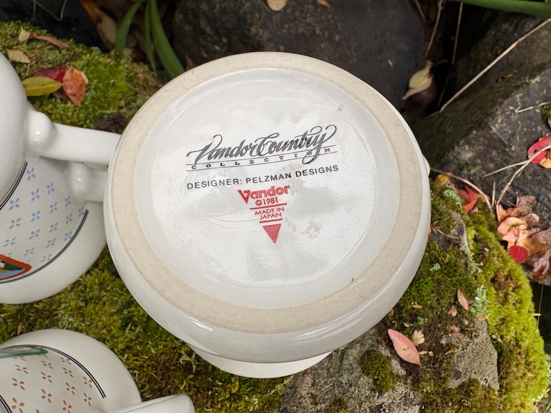 May include: White ceramic mug with the text "Vandor Country Collection" and "Designer: Pelzman Designs". The mug is marked "Made in Japan" and "&copy;1981". The mug is sitting on a bed of green moss.