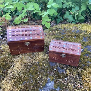 Set of 2 Vintage-Style Carved Wooden Jewelry / Storage Boxes w/ Brass Inlay