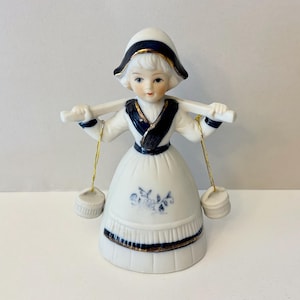 Vintage Bisque Porcelain Dutch Girl Bell Figurine with Hanging Water Pails / Buckets
