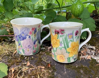 Vintage 1995 Lenox Flower Blossom Collection Fine Porcelain Mugs / Coffee Cups &quot;Daffodil&quot; OR &quot;Iris&quot; by Suzanne Clee (sold separately)