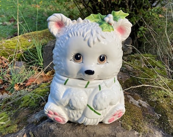 RARE! Vintage Lefton Christmas Bear Cookie Jar (Hand-Painted White Polar Bear w/ Holly & Scarf)