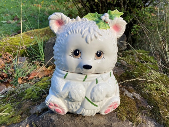 RARE! Vintage Lefton Christmas Bear Cookie Jar (hand-painted White