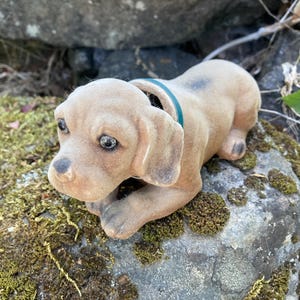 May include: A tan-colored dog figurine with a green collar, lying on a mossy rock. The dog has dark eyes and a black spot on its back. The figurine is detailed and appears to be made of a soft material.