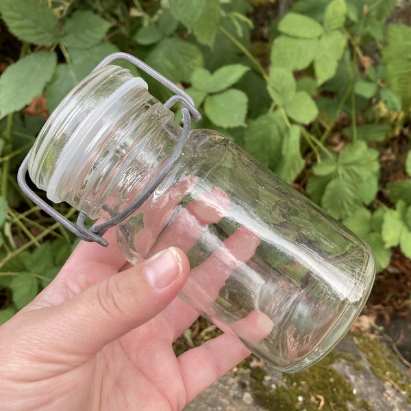 Vintage Wheaton 1/2 Pint Glass Jar with Wire Bail, Glass Lid, & Plastic Seal #17