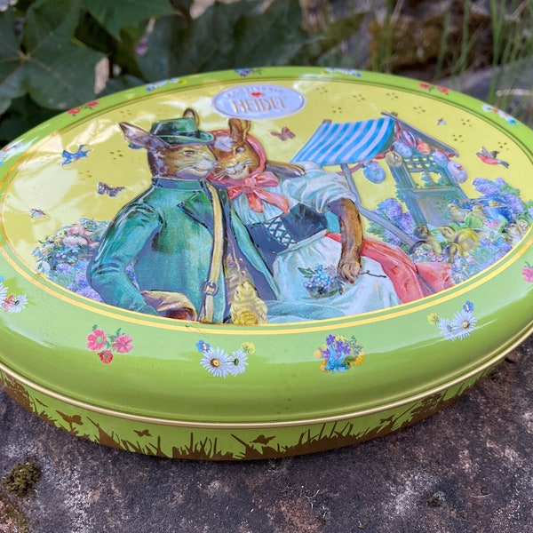 Vintage Heidel Confiserie Embossed Oval Easter Chocolate Tin w/ Mr. & Mrs. Bunny Rabbit (Made in Germany)