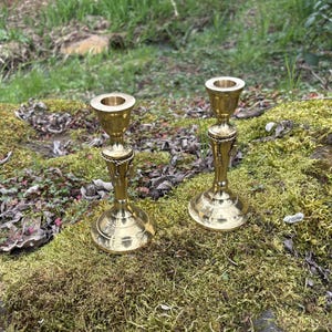 May include: Two antique brass candle holders. The candle holders have a detailed design with a round base, a slender stem, and a cup-shaped top. The candle holders are placed on a bed of moss.
