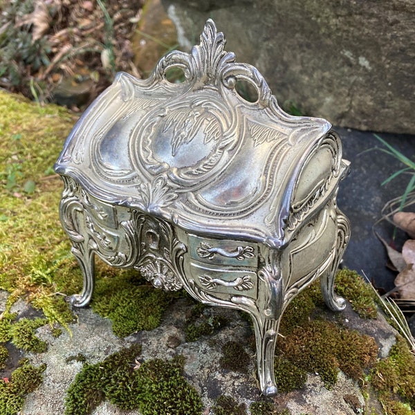 Vintage Art Nouveau Ornate Silver-tone Metal Jewelry Box / Casket w/ Red Velvet Lining (Baroque Secretary / Desk / Commode / Vanity Table)