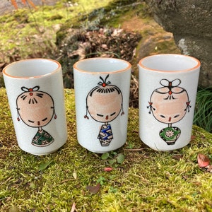 Set of 3 Vintage Otagiri Hand-Painted Stoneware Japanese Kokeshi Girl / Doll Sake Tea Cups