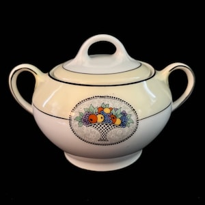 Vintage ZS & C (Zeh, Scherzer and Co.) Porcelain Sugar Bowl w/ Lid, Yellow Band &quot;Fruit Basket&quot; Design, Gold Trim, Made in Bavaria