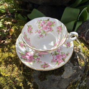 K&ouml;nnte beinhalten: Ein wei&szlig;es Tee-Set mit rosa Blumenmuster und goldenem Rand. Die Tasse steht auf der Untertasse, beide auf einem moosbewachsenen Felsen. Die Tasse hat einen zarten Henkel.