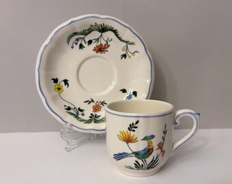 Taza de té y platillo vintage Gien Demitasse, fabricado en Francia "Oiseaux de Paradis" (Ave del Paraíso), década de 1990