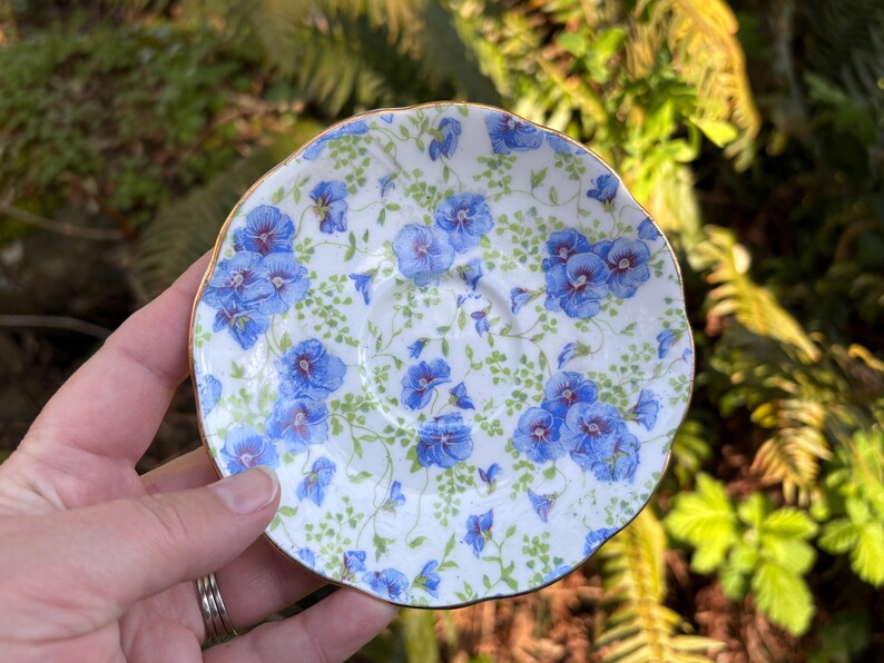 Vintage Roslyn Fine Bone China Demitasse / Small Teacup & Saucer w/ Purple Pansy Flowers (Made in England) image 10