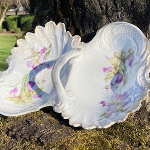 Antique K. Steinmann (Silesia) 11.5&quot; Ornate Handled Double Serving Dish / Divided Platter w/ Purple Flowers & Gold Trim (Germany) Tiefenfurt